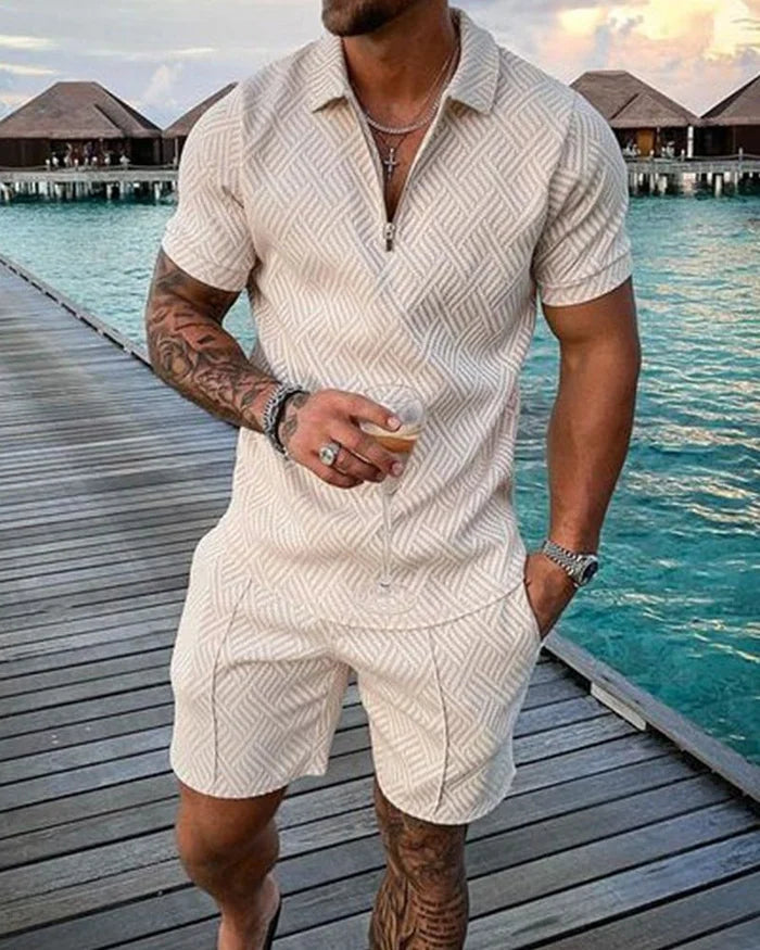 Lapel Cream Polo Shirt And Shorts
