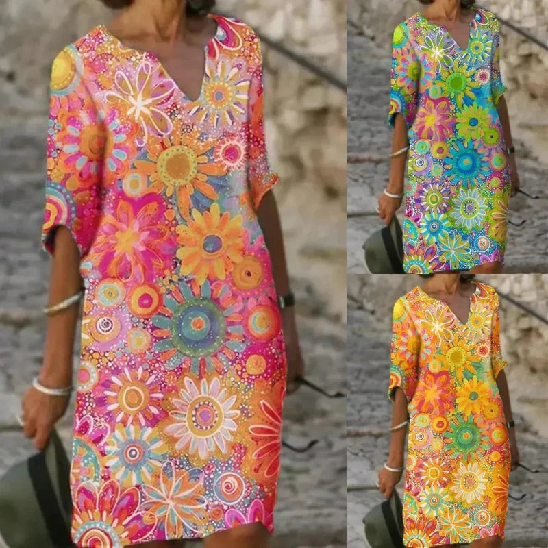 Fiorelle | Floral Print Dress with V-neck