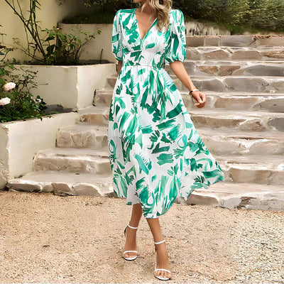 Gretchen - Elegant Summer Dress with V-neck and Lantern Sleeves for Women