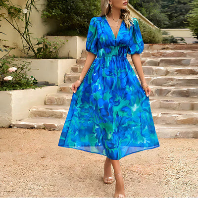 Gretchen - Elegant Summer Dress with V-neck and Lantern Sleeves for Women