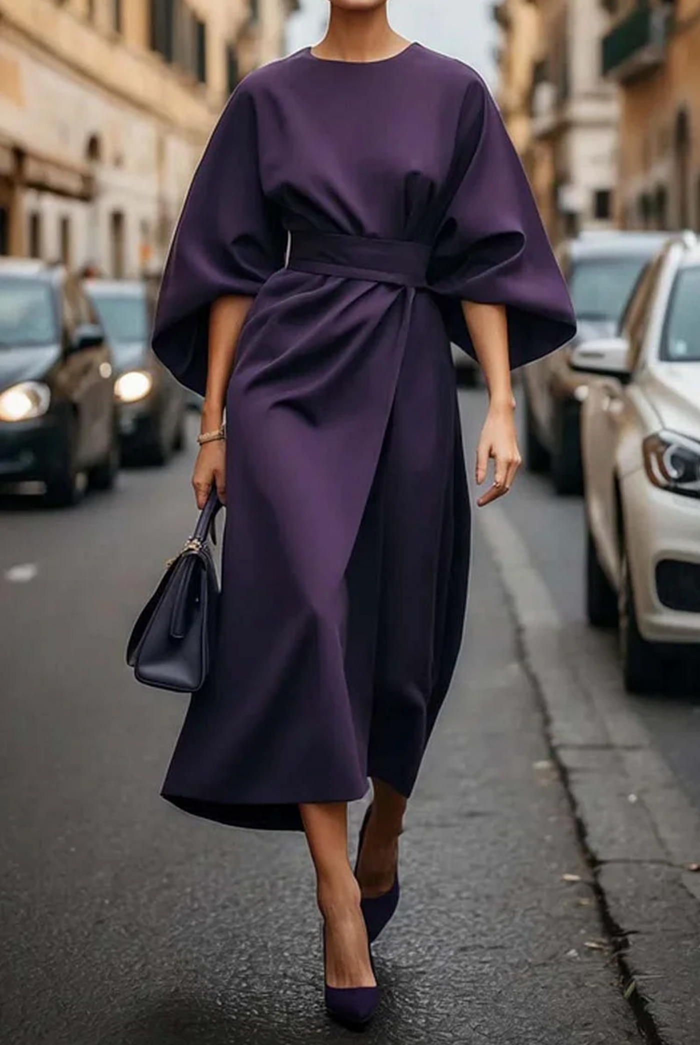 Cadhla - Elegant Dress with Puff Sleeves and a Belt
