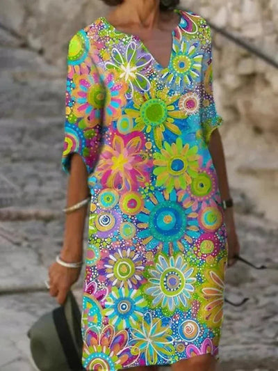 Fiorelle | Floral Print Dress with V-neck