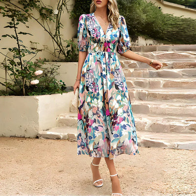 Gretchen - Elegant Summer Dress with V-neck and Lantern Sleeves for Women