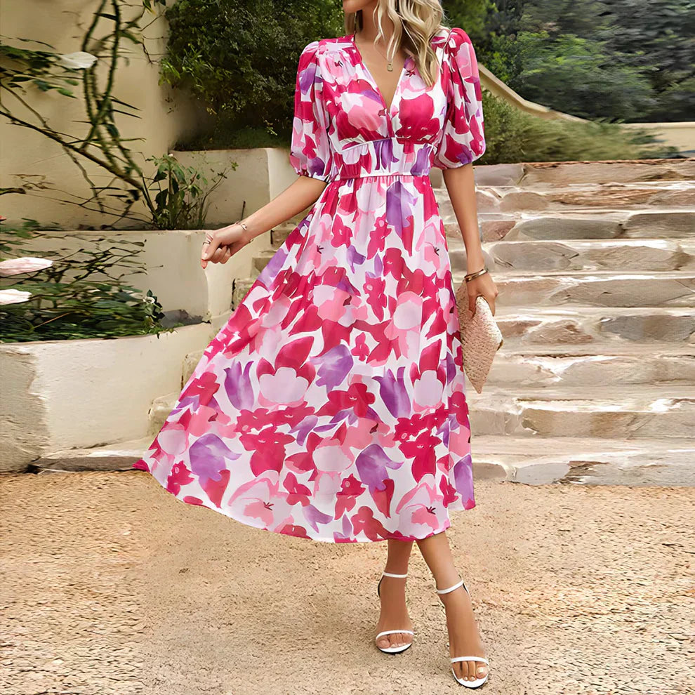 Gretchen - Elegant Summer Dress with V-neck and Lantern Sleeves for Women